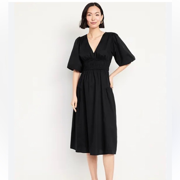 Old Navy Tall Black Puff Sleeve Waist Defined Midi Dress In Plus Size Xltall